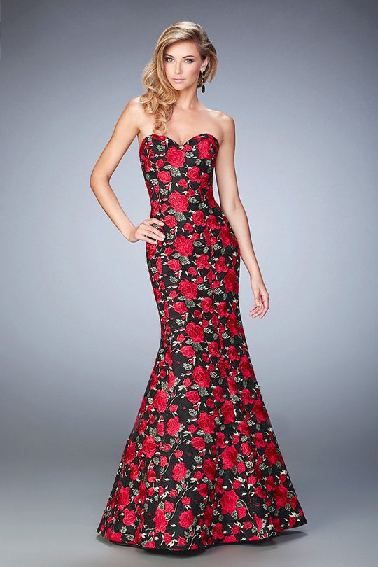 La Femme - 22507 Vivid Floral Print Strapless Evening Gown in Black and Multi-Color