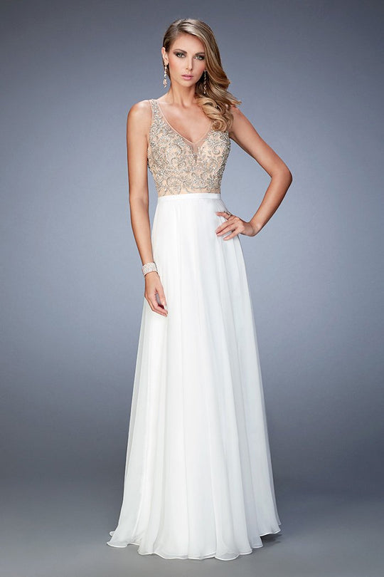 La Femme - 22517 Chiffon V-neck A-line Dress In White