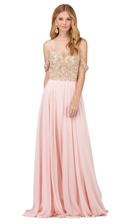 Dancing Queen - 2252 Cold Shoulder Sleeves Beaded A-line Prom Gown In Pink