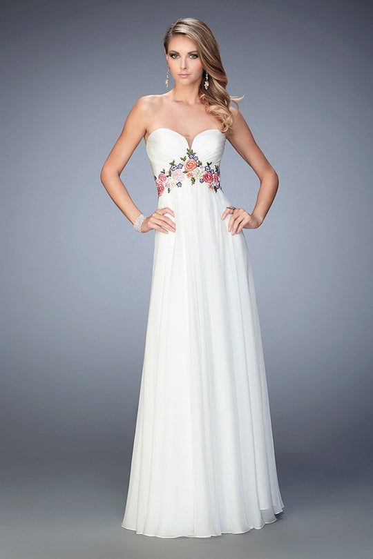 La Femme - 22521 Strapless Floral Detail Empire Gown In White