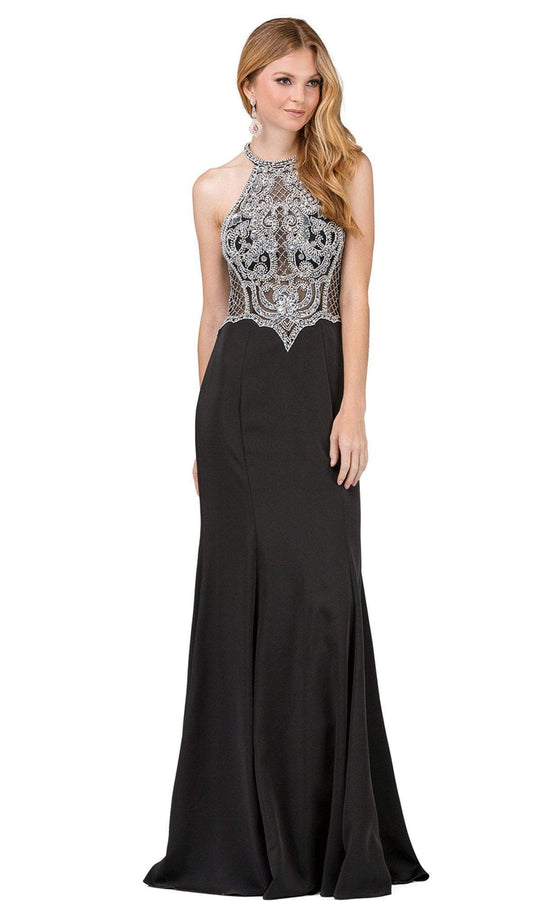 Dancing Queen - 2255 Halter Neck Bejeweled Sheath Prom Gown In Black