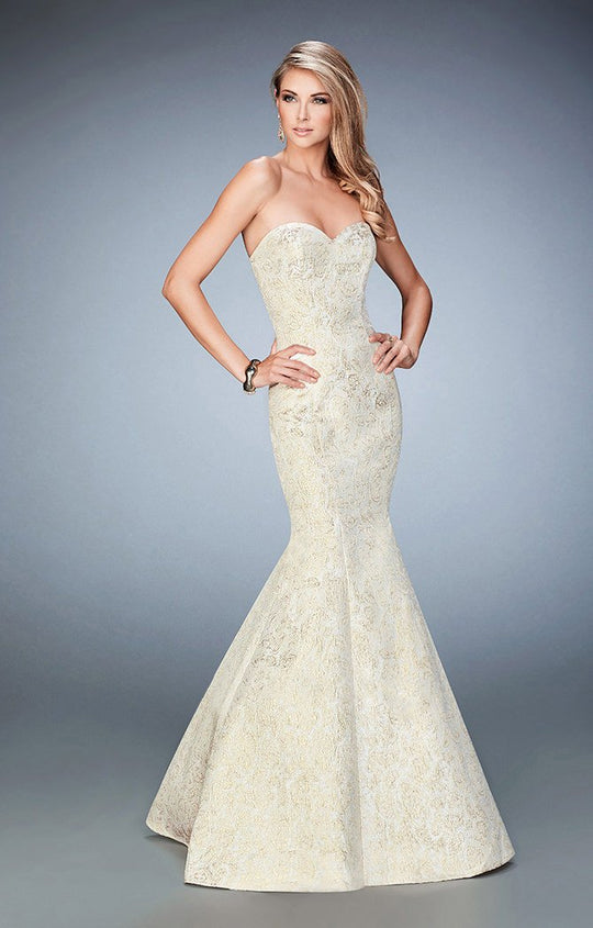 La Femme - 22570 Shimmering Strapless Mermaid Gown In White and Gold