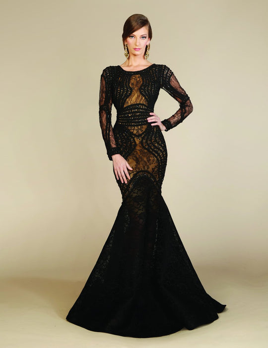 MNM Couture - Embroidered Long Sleeve Mermaid Gown 2257AW in Black