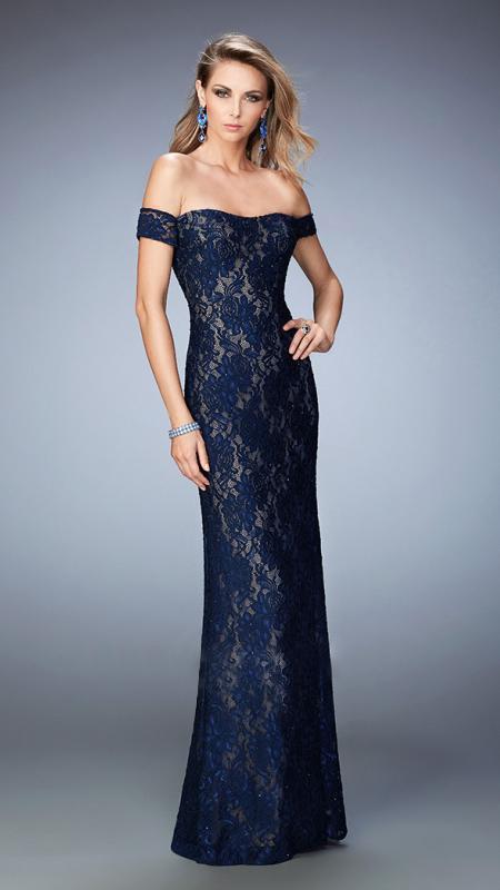 La Femme - 22605 Lace Off-Shoulder Sheath Dress In Blue