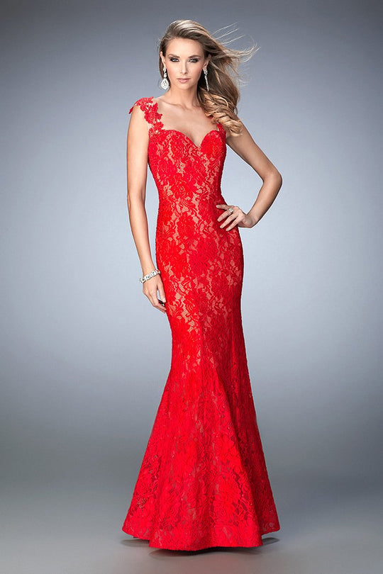 La Femme - 22617 Lacy Sleeveless Mermaid Evening Gown In Red