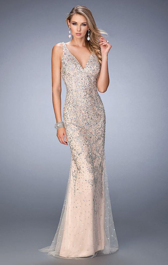 GiGi - 22644 V-Neck Beaded Tulle Evening Gown In Neutral