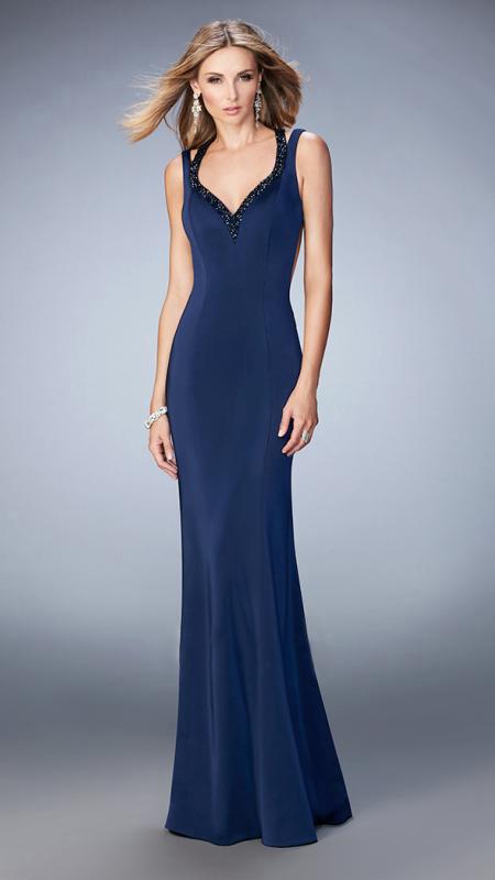 La Femme - 22675 Sleeveless Double Strap Bare Back Long Gown In Blue