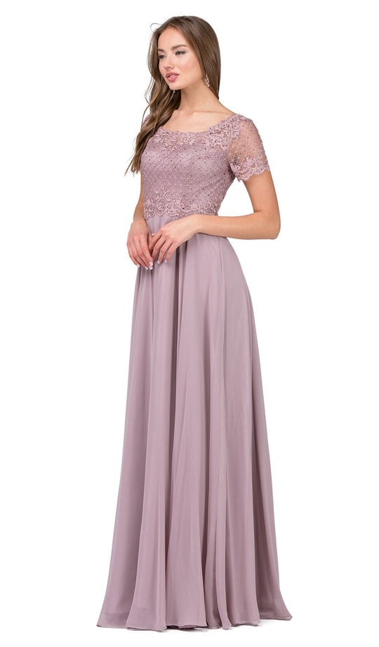 Dancing Queen - Short Sleeve Illusion Lattice Ornate A-Line Gown 2268  In Pink