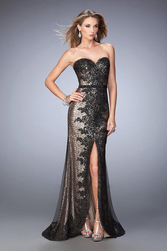 La Femme - 22680 Scintillating Strapless Lace Detail Gown In Black and Neutral