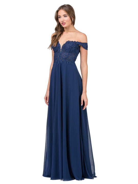 Dancing Queen Illusion Embroidered Lace Off Shoulder Gown 2273 in Blue
