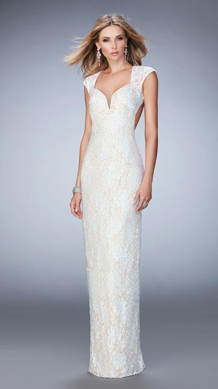 La Femme - 22735 Cap Sleeve Sheer Lace Evening Gown In White and Gold