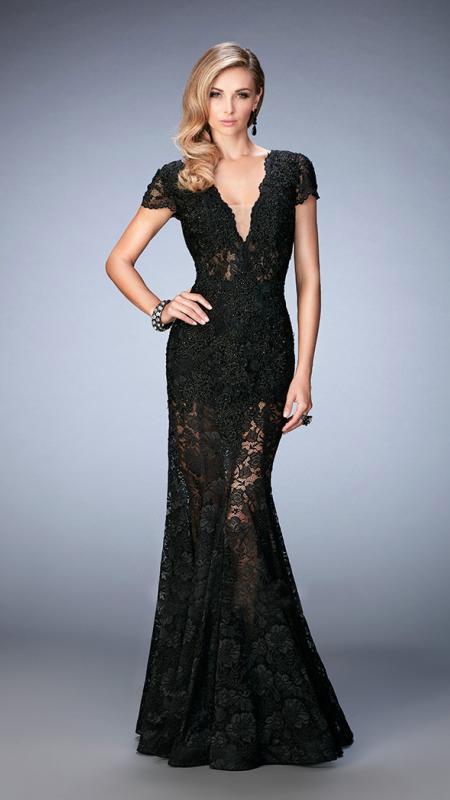La Femme - Long Lace Prom Dress with Rhinestone Embellishments 22738 in Black