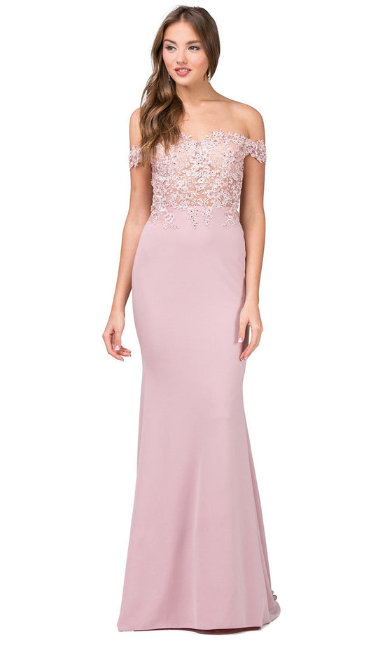 Dancing Queen - 2274 Sheer Floral Embroidered Off Shoulder Prom Dress in Pink