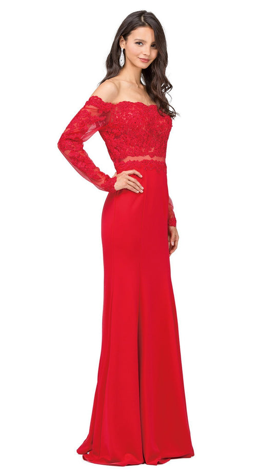 Dancing Queen - 2275 Long Sleeve Scalloped Off Shoulder Prom Gown in Red