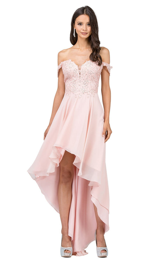 Dancing Queen - 2278 Off Shoulder Beaded High Low Prom Dress in Pink