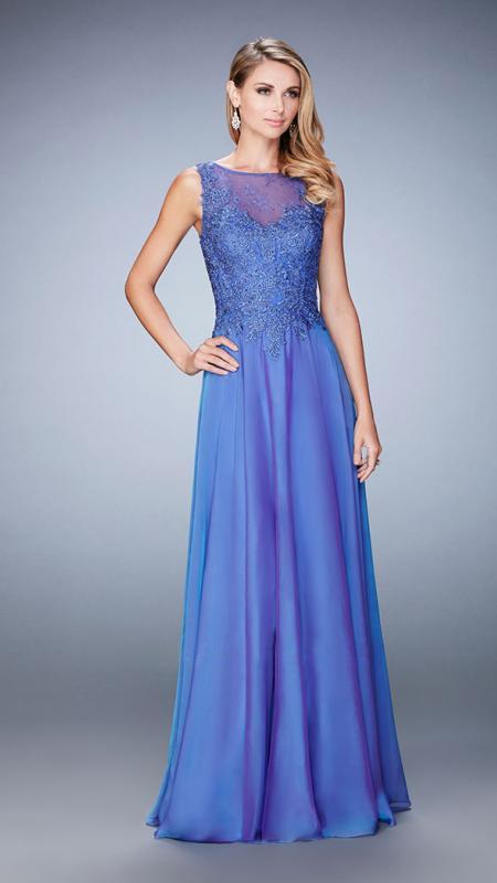 La Femme - 22783 Lace Chiffon Evening Gown In Blue  Violet