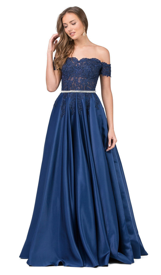 Dancing Queen - 2279 Embroidered Scalloped Off Shoulder Prom Gown in Blue