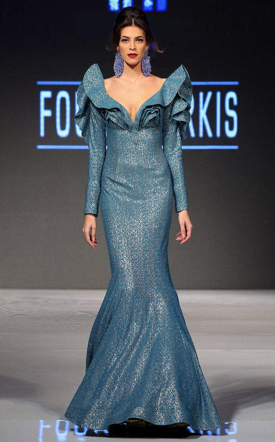 MNM Couture - 2285 Ruffled Deep V-neck Mermaid Dress In Blue