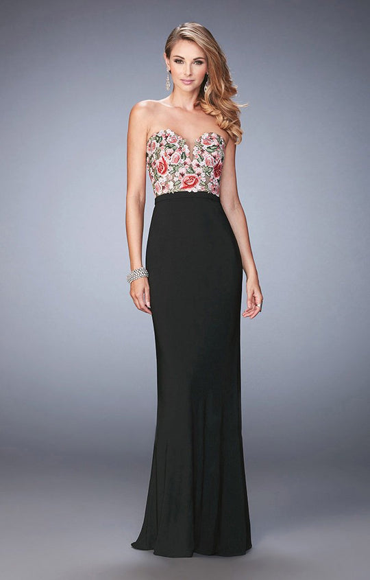 La Femme - 22959 Strapless Floral Sweetheart Evening Gown In Black
