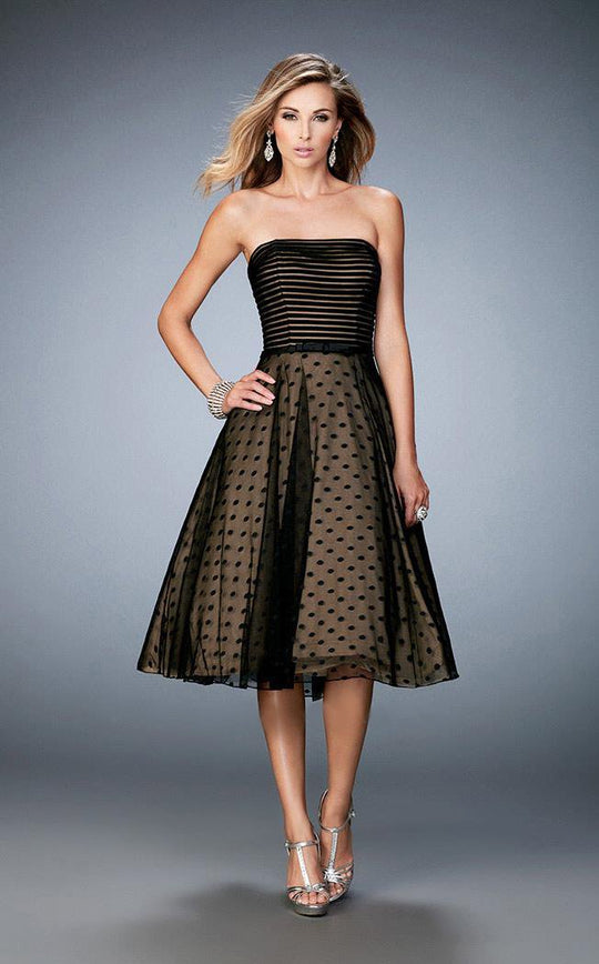 La Femme - 22961 Strapless Dot and Stripes Tea Length Dress in Black and Neutral
