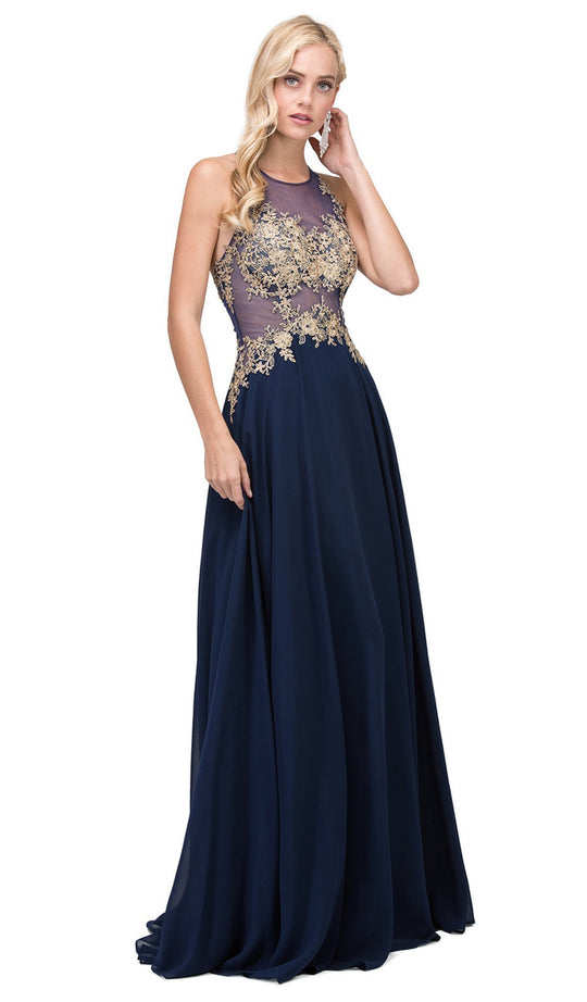 Dancing Queen - 2297 Sheer Embroidered Pleated Prom Dress in Blue