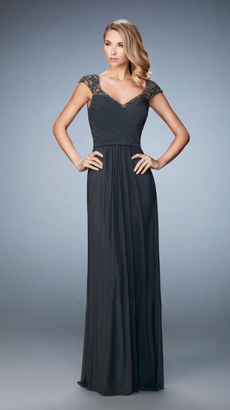 La Femme - 22974 Beaded Lace Cap Sleeve Long Gown In Charcoal