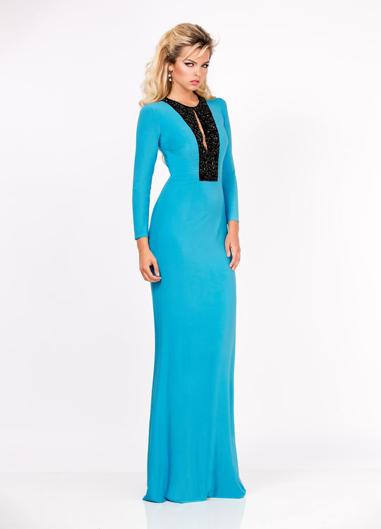 Ashley Lauren - 1151 Long Sleeve Jersey Evening Dress in Blue