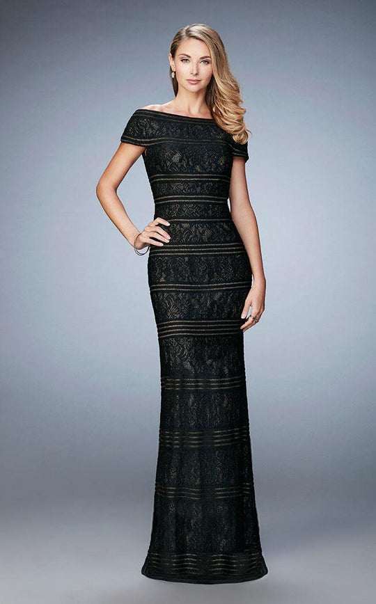 La Femme - 23012 Off Shoulder Lace Short Sleeves Long Dress In Black