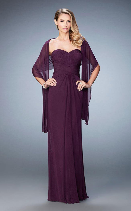 La Femme - 23023 Strapless Ruched Sheath Long Dress with Shawl In Purple