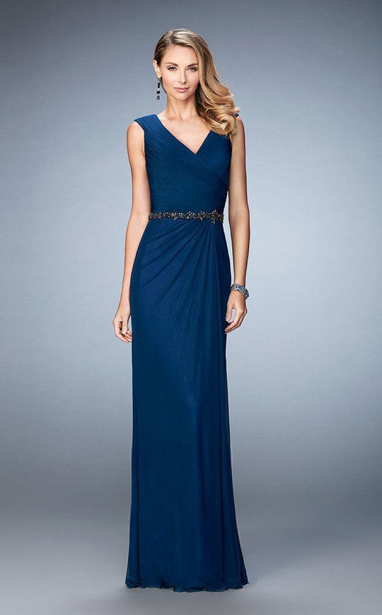 La Femme - 23024 Ruched V Neck Sheath Long Dress with Beaded Belt In Blue