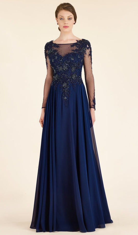 Rina Di Montella - RD2303 Sheer Long Sleeve Lace Chiffon A-line Gown in Blue