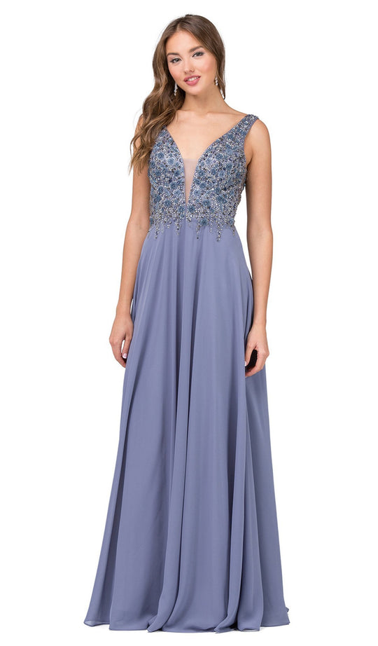 Dancing Queen - 2312 Floral Beaded Deep V-neck A-line Prom Dress In Dark Silver