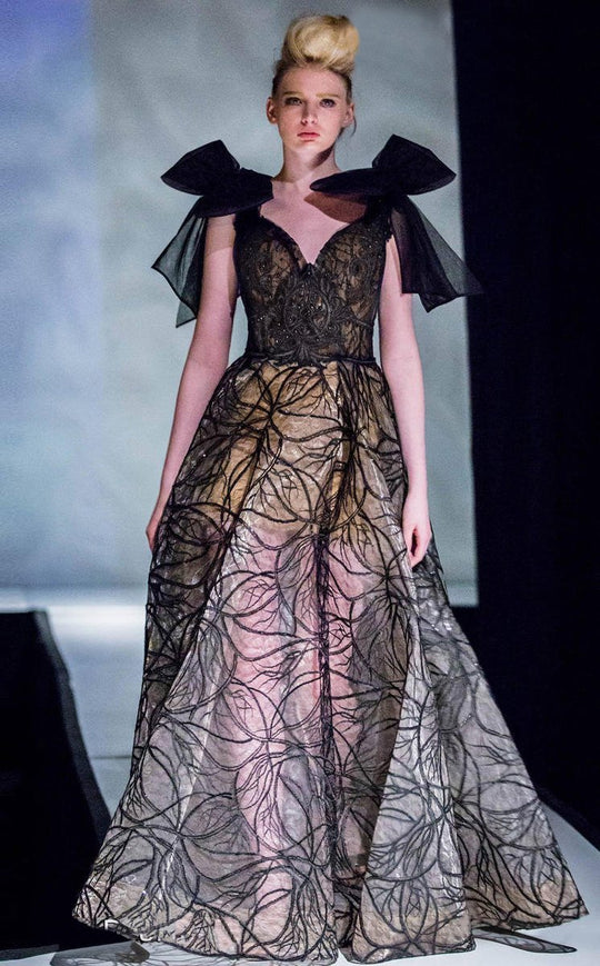 MNM Couture - 2319 Ribbon Accented Embroidered Gown in Black