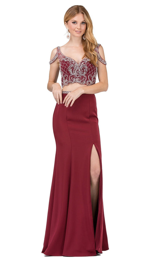 Dancing Queen - 2331 Bejeweled Two Piece Sheath Prom Dress in Red