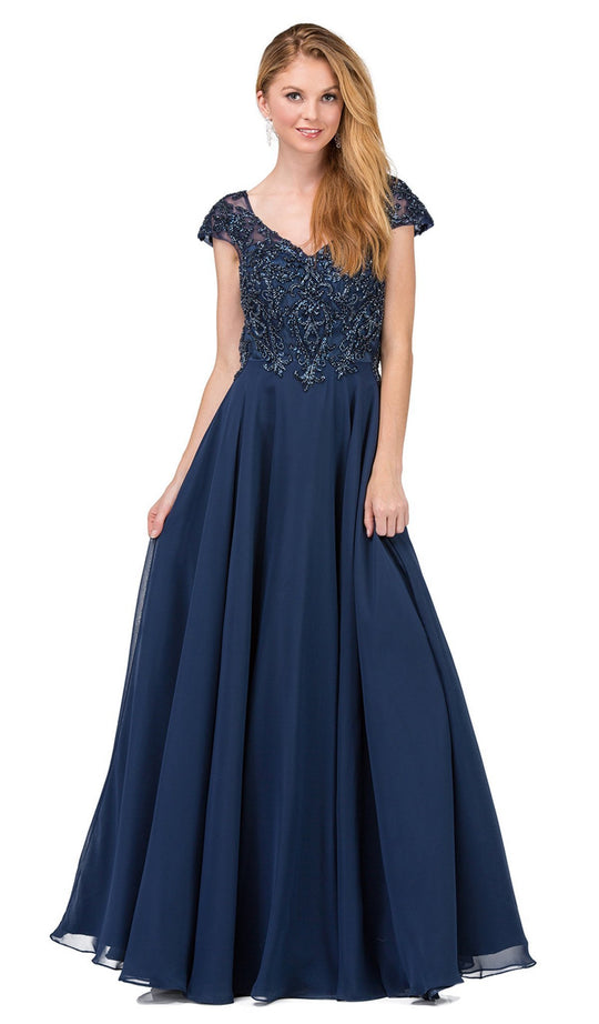 Dancing Queen - 2333 Embellished Cap Sleeve V-neck A-line Prom Dress In Blue