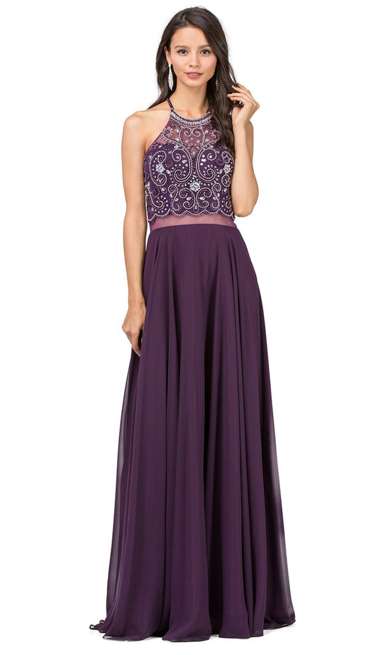 Dancing Queen - 2341 Beaded Sheer Halter Chiffon Prom Dress in Purple