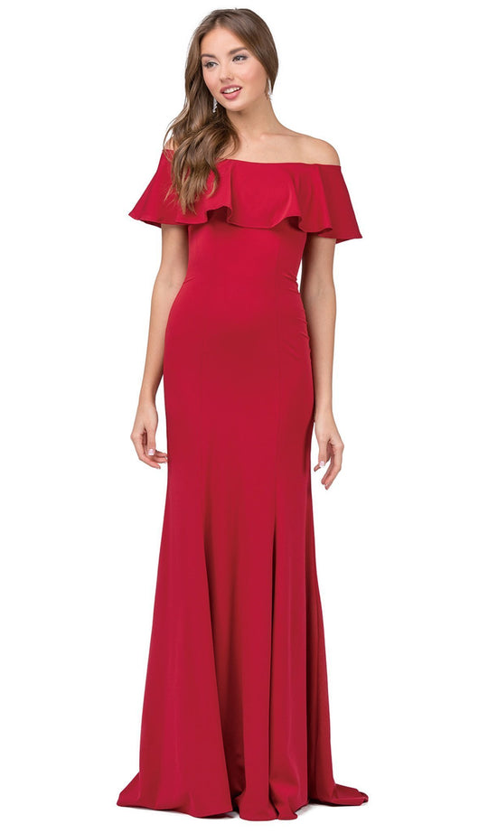 Dancing Queen - 2348 Ruffled Off Shoulder Fitted Prom Dress in Red