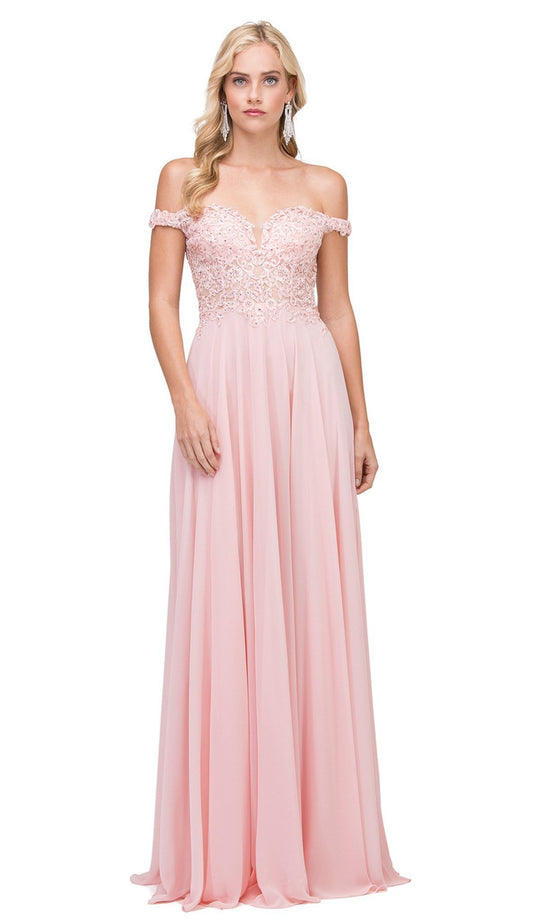 Dancing Queen - 2357 Beaded Off Shoulder Chiffon Prom Dress in Pink