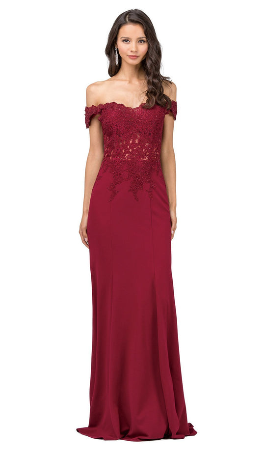 Dancing Queen - 2358 Jewel Ornate Lace Bodice Off Shoulder Prom Gown in Red