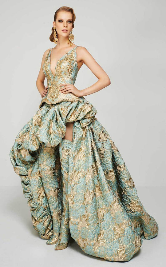 MNM Couture - 2366 Gilded Scroll Plunging Bubble Gown In Green