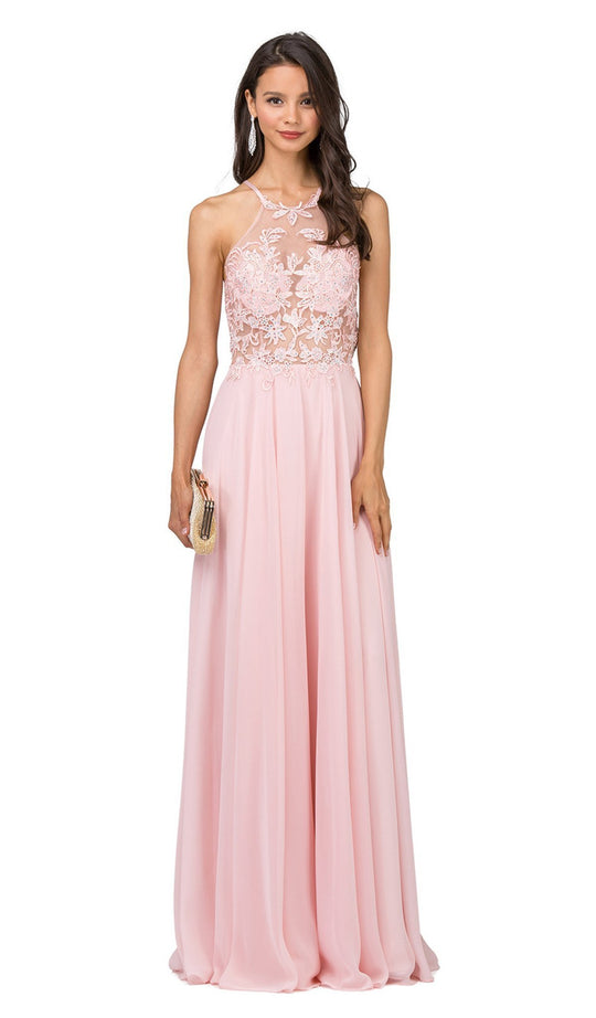 Dancing Queen - 2369 Embroidered Sheer Halter Chiffon Prom Dress in Pink