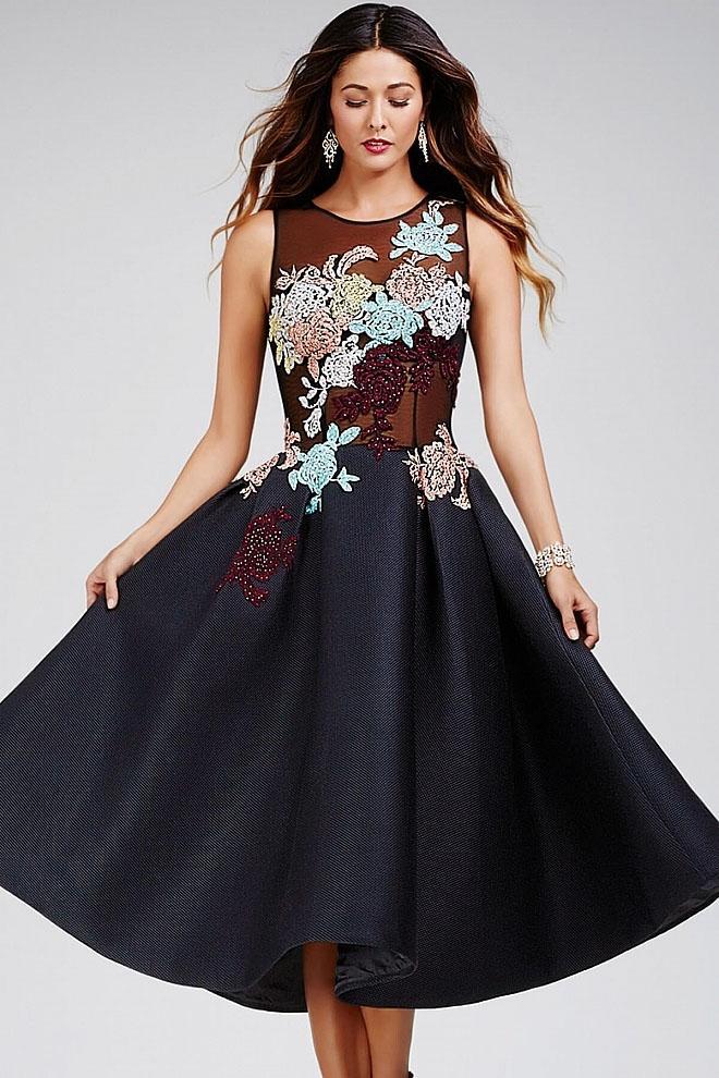 23695 Multi-Colored Sheer Jewel A-line Dress