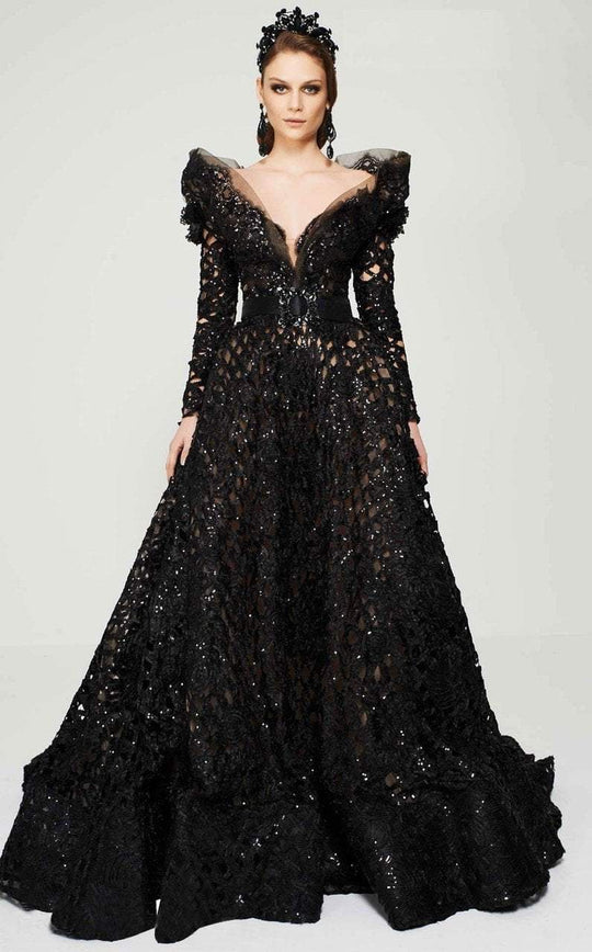 MNM Couture - 2378 Long sleeved Lace Sequined Evening Gown in Black