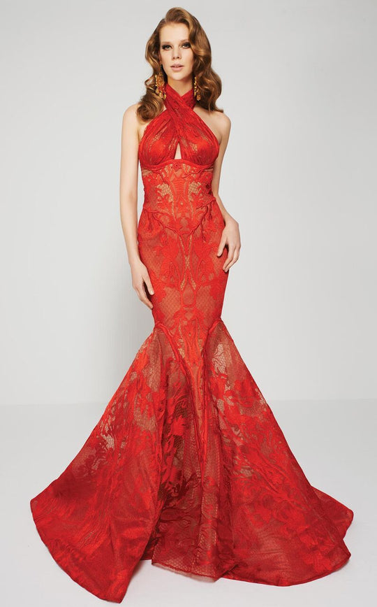 MNM Couture - Halter Empire Lace Mermaid Gown 2382