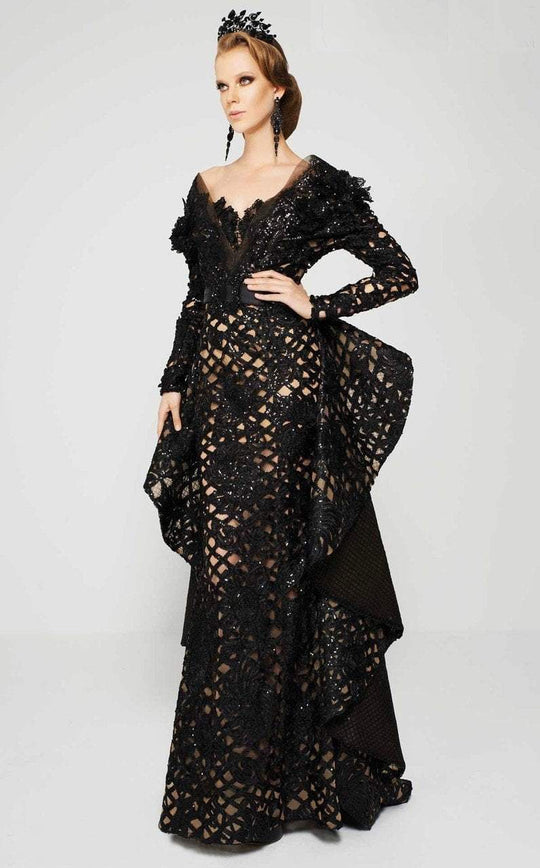 MNM Couture - 2389 Long sleeved Lace Sequined Structured Evening Gown in Black