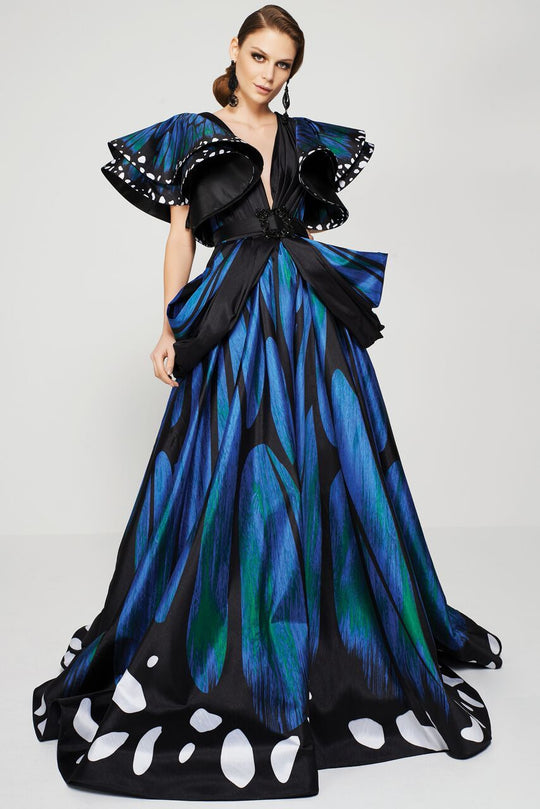 MNM Couture - Ruched Plunging Printed Long Gown 2390