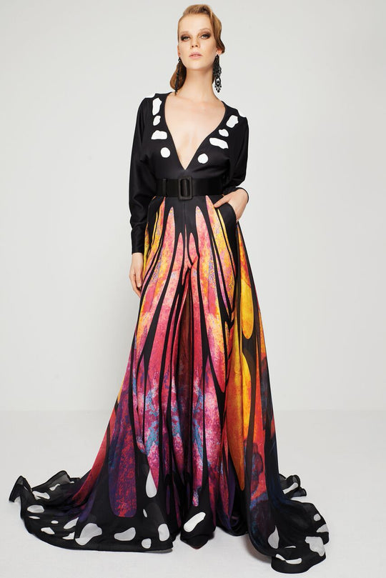 MNM Couture - Plunging Long Sleeves Printed Long Gown 2398