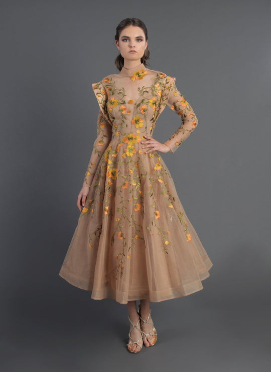 MNM Couture - 2401A Floral Embroidered Long Sleeve Tea Length Dress in Neutral and Orange