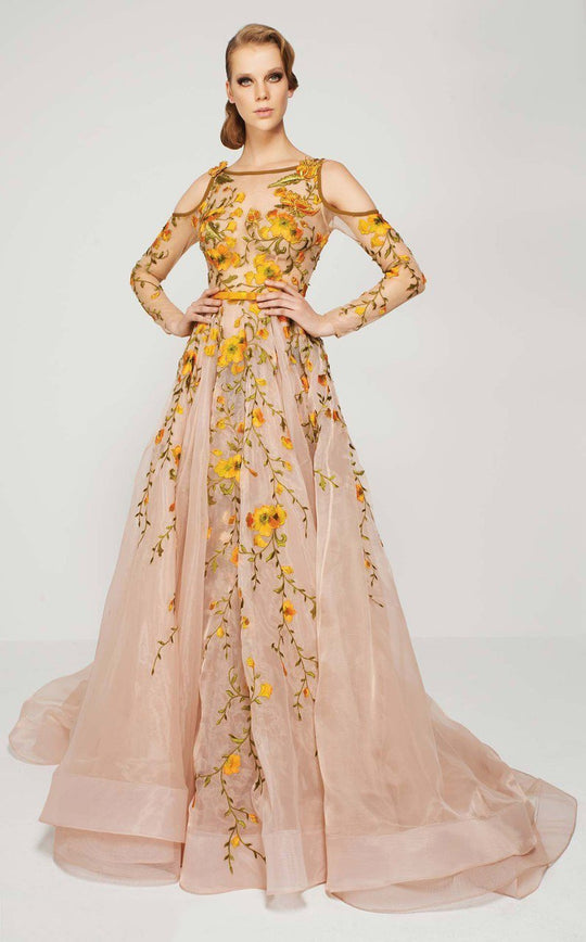 MNM Couture - 2401 Sheer Embroidered Floral A-line Dress in Orange and Neutral