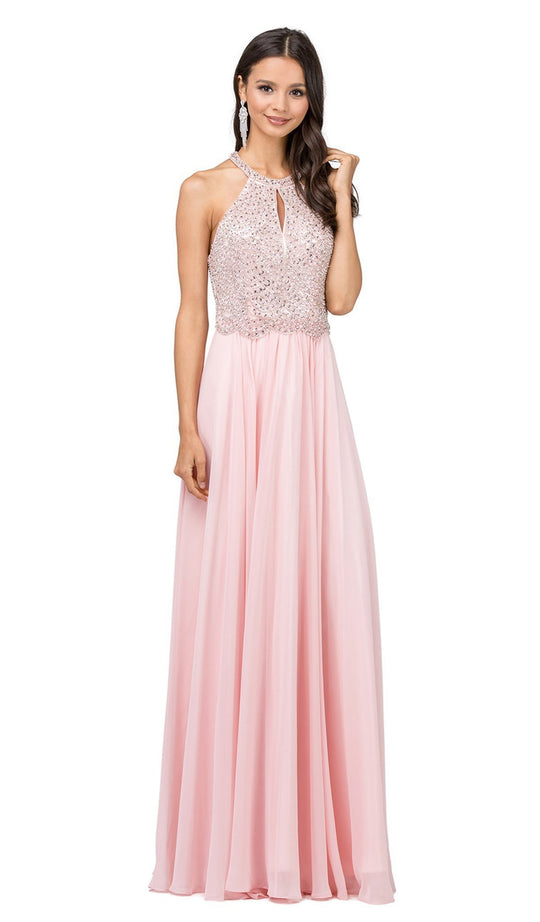 Dancing Queen - 2402 Bead Embellished Halter Evening Dress in Pink